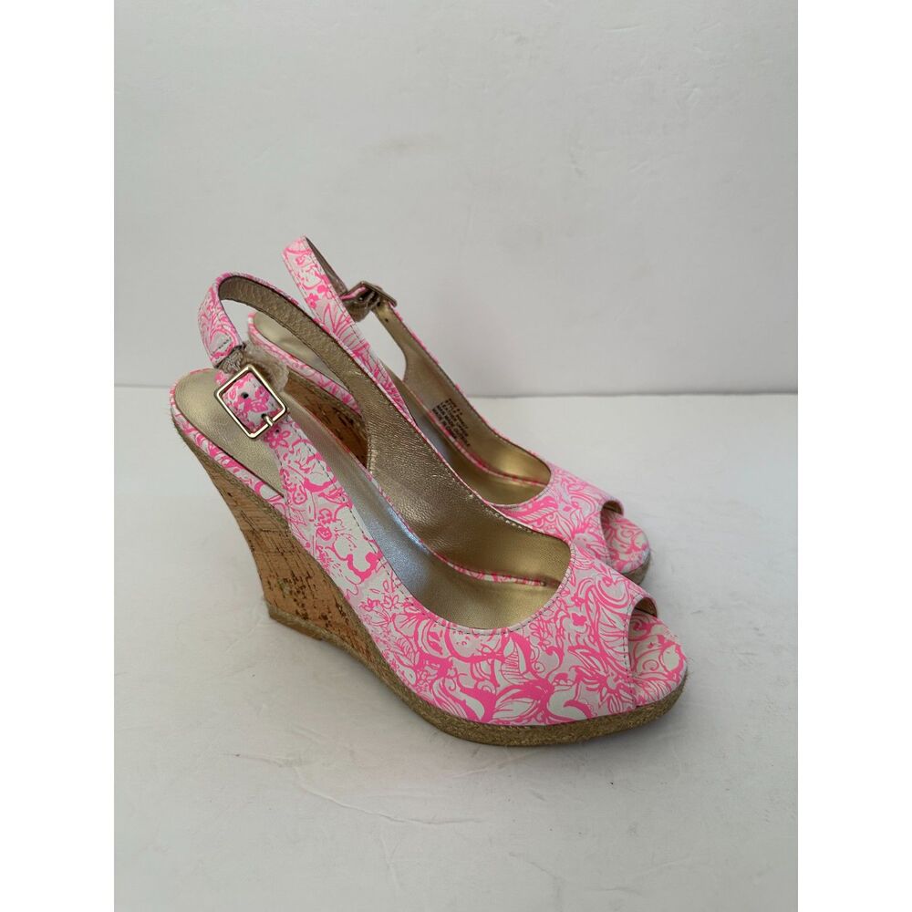 Lilly Pulitzer Pink and White Print Wedge Sandals - Picture 2 of 6